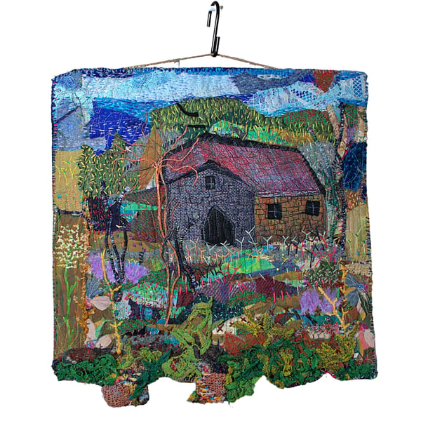 Small art quilt - textile landscape - old barn - wall hanging - eco gift