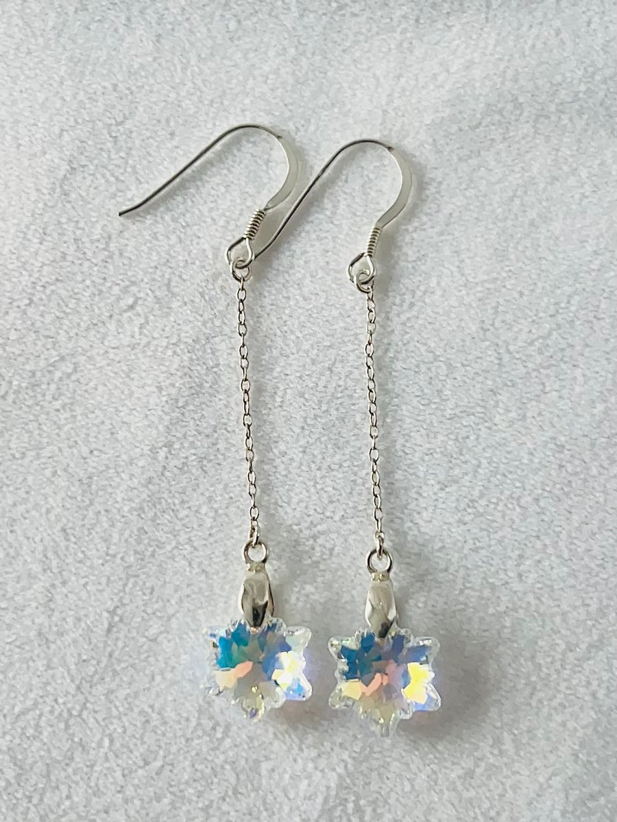 Sterling Silver Aurora Borealis Crystal Snowflake Drop Earrings