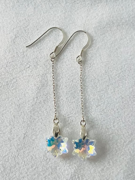 Sterling Silver Aurora Borealis Crystal Snowflake Drop Earrings