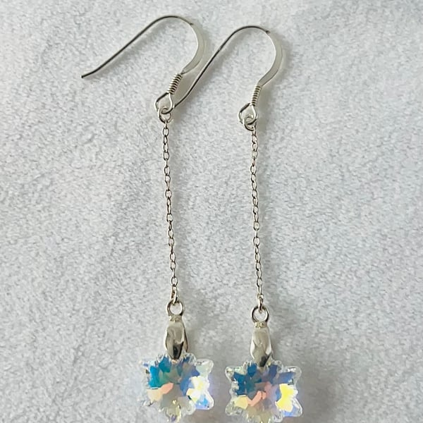 Sterling Silver Aurora Borealis Crystal Snowflake Drop Earrings