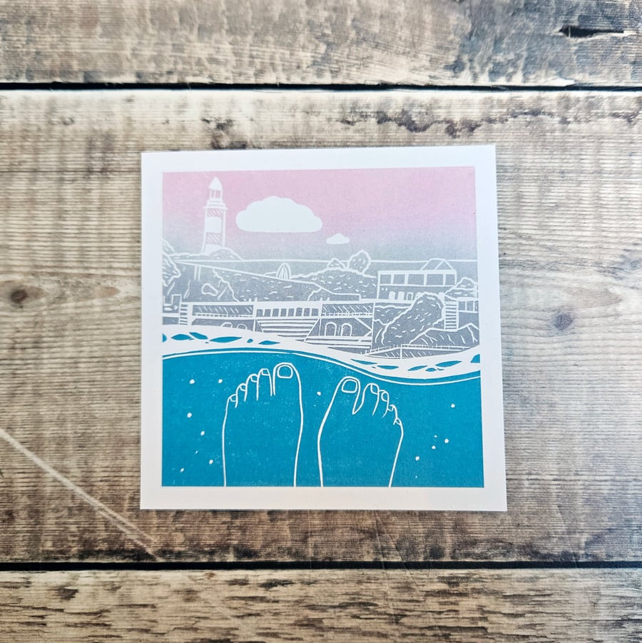 Swimmers View- Plymouth Sound - Single square greetings card of Plymouth Hoe