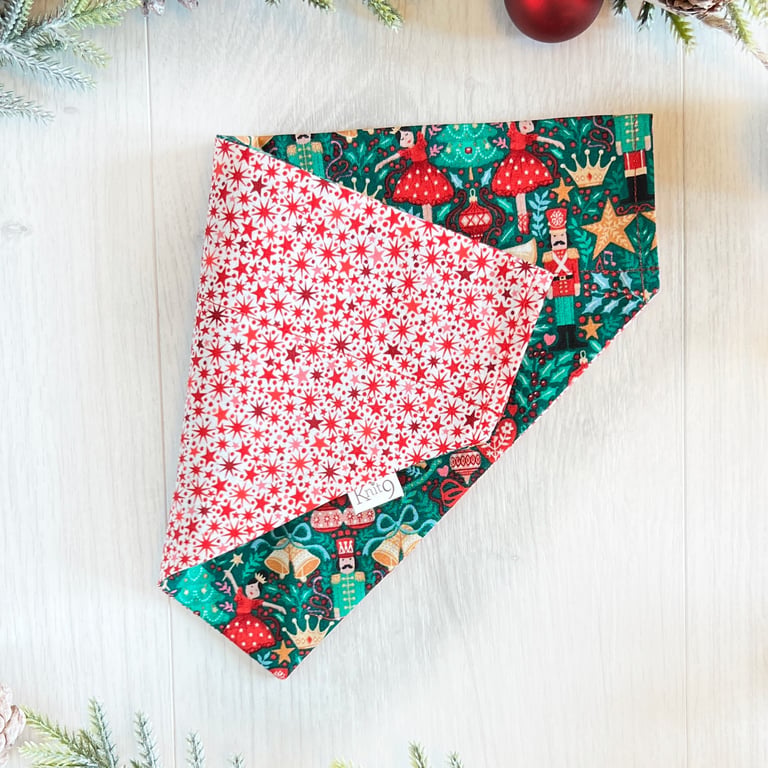 Christmas Dog Bandana - Handmade Fully Reversible Nutcracker and Stars