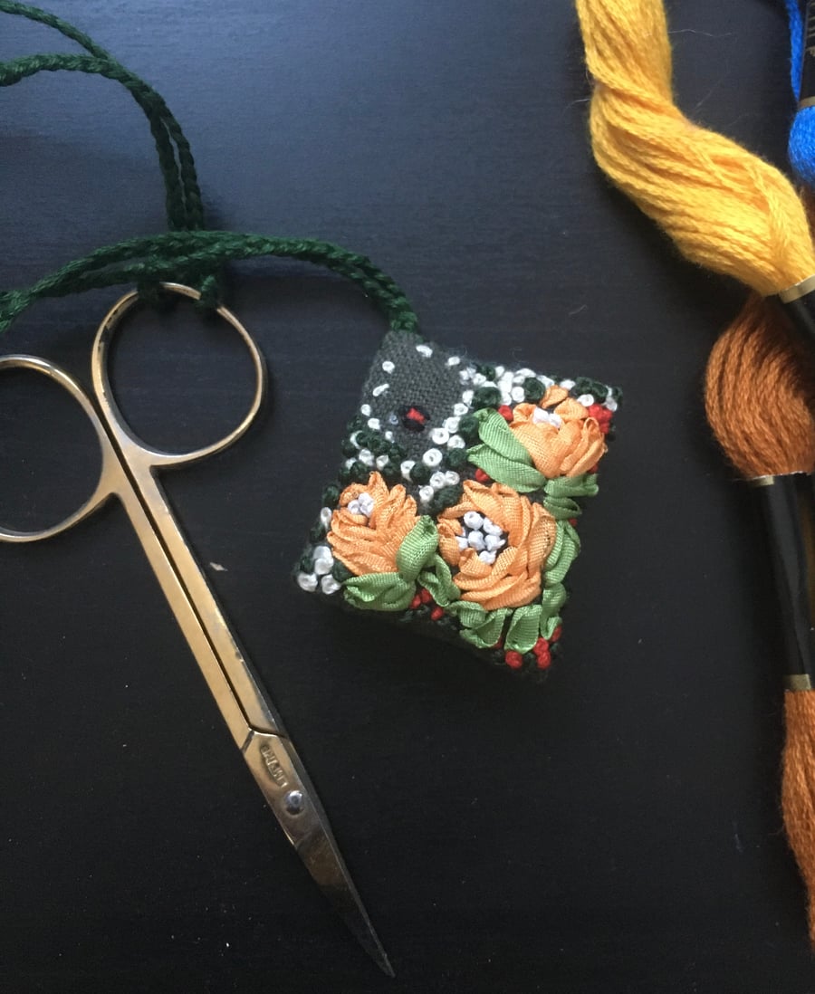 Scissors fob handmade silk embroidered corded