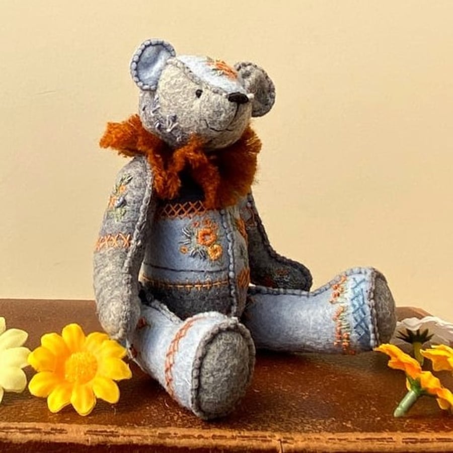 Crazy patchwork bear, hand sewn and embroidered artist teddy bear 