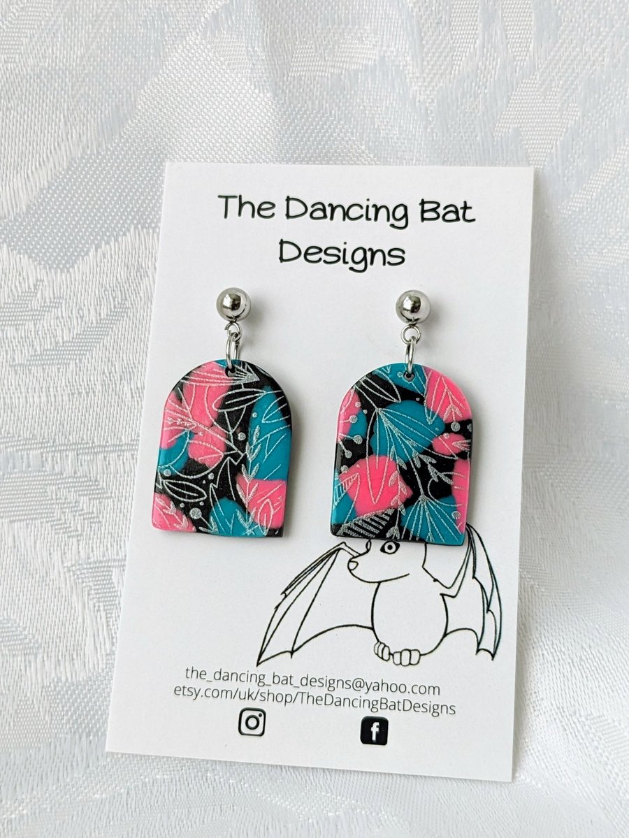 Turquoise Pink And Black Arch Earrings With Leaf Print Design, Polymer Clay