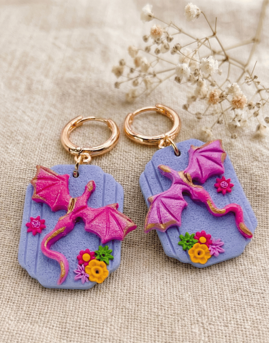 Handmade Clay Dragon Earrings - Mystical Fantasy Gift for Her - Magical Jewllery