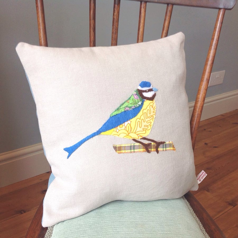 Blue Tit Bird Hand Stitched Vintage Fabric Cushion