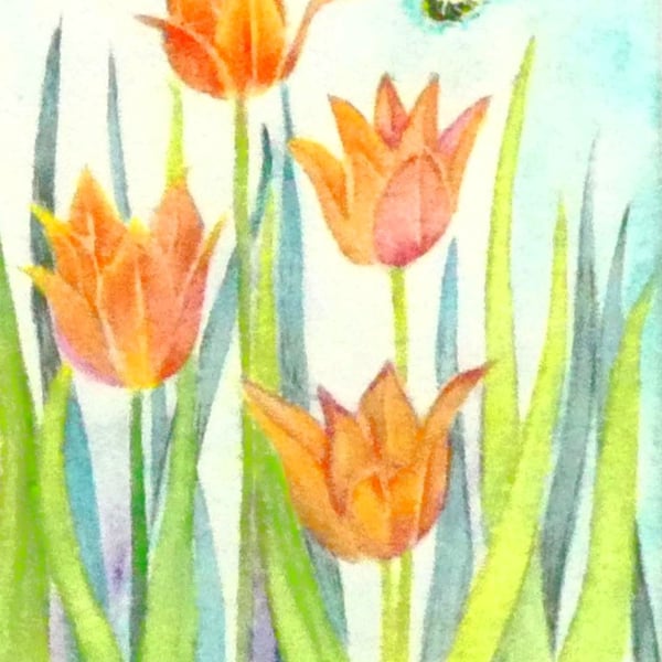 Framed Small Tulips and Butterfly Original Watercolour