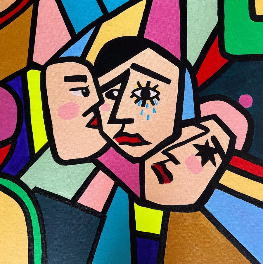 Abstract, multicolored acrylic painting, cubism, modern art