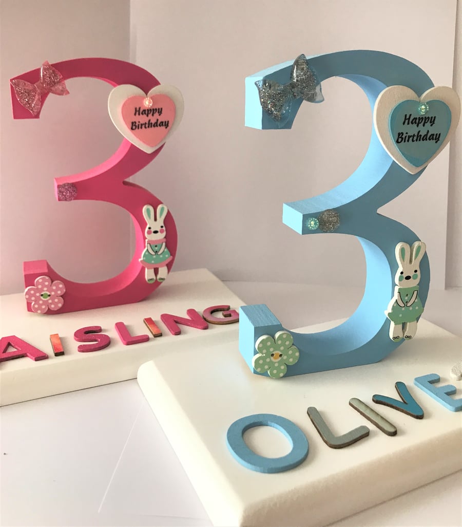 Personalised hand painted wooden number 3rd birthday plaque Girl Boy keepsake 