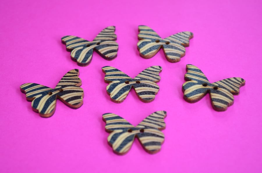 Wooden Butterfly Buttons Zebra Print Cream Brown Black 6pk 28x20mm (B2)