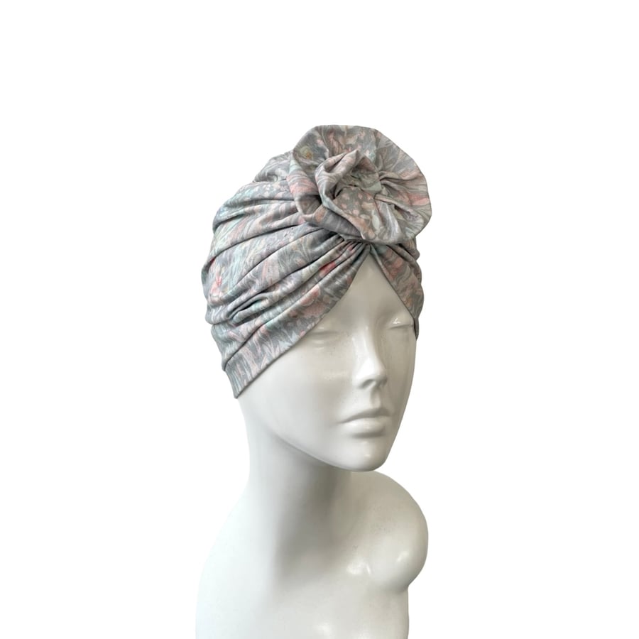 Floral Summer Turban Light Grey Head Wrap for Women Stretchy Rosette Jersey Cap