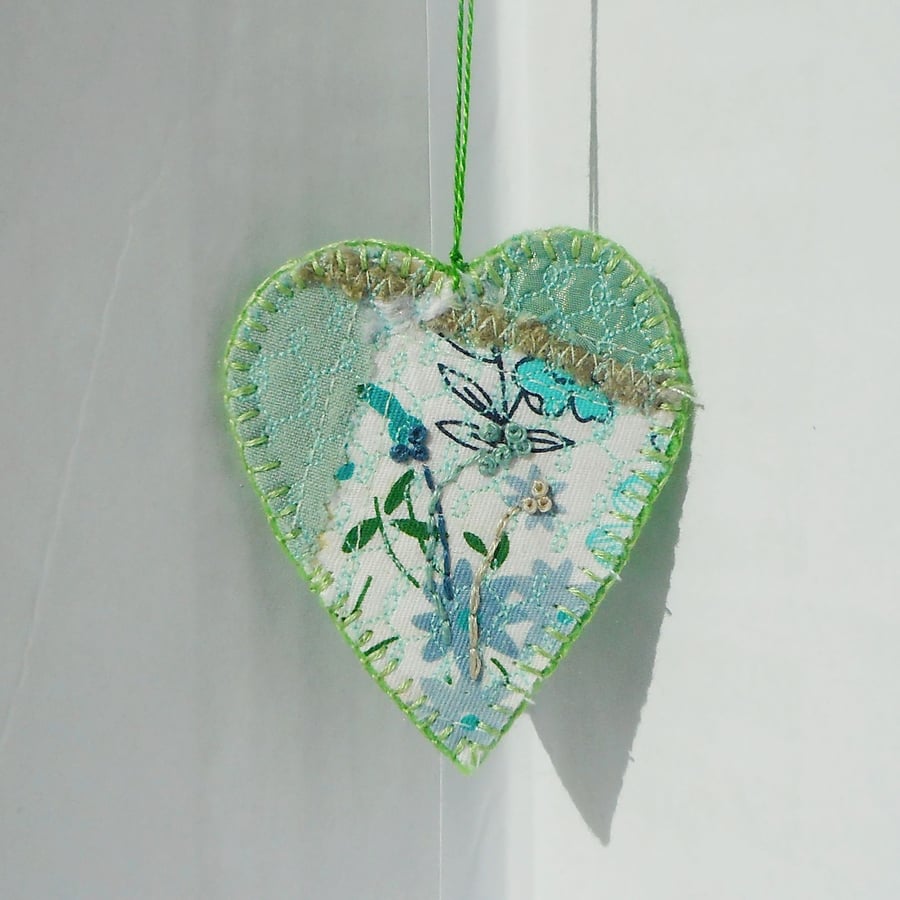 Hand embroidered hanging heart home decoration, fresh green and white