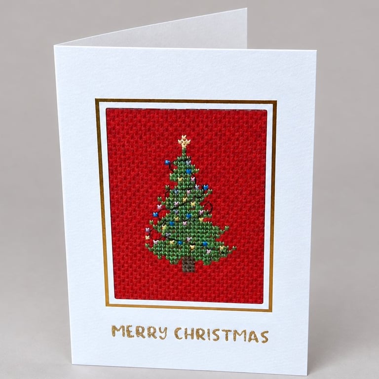 Handmade Cross Stitch Christmas Card – Traditional Decorated Christmas Tree