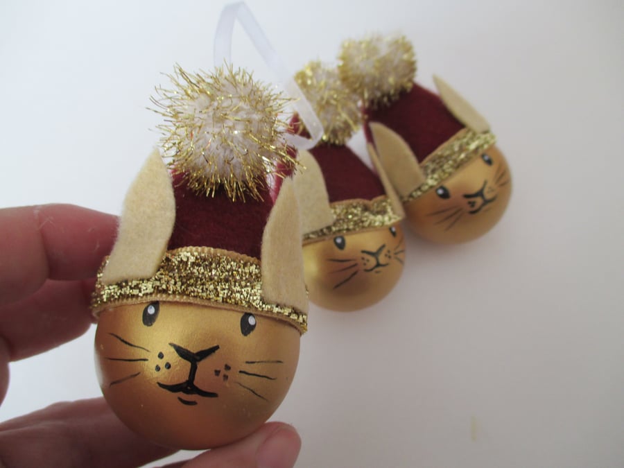 3x Gold Bunny Rabbit Christmas Tree Bauble Decorations Wood Wooden