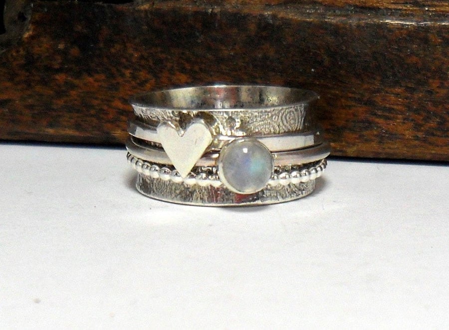 Moonstone & Heart Spinner Ring, Meditation Ring
