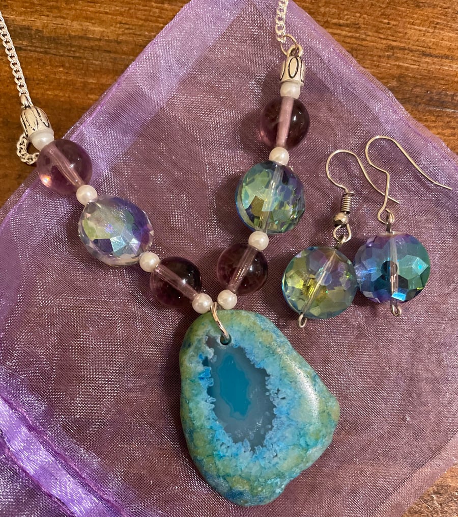 Blue Agate and Beaded Necklace with Matching Earring Set 