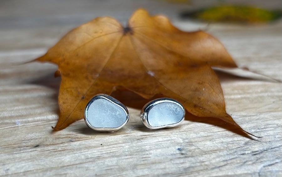 Handmade Fine & Sterling Silver Stud Earrings Pieces Of Grey Welsh Sea Glass