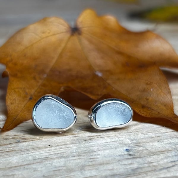 Handmade Fine & Sterling Silver Stud Earrings Pieces Of Grey Welsh Sea Glass