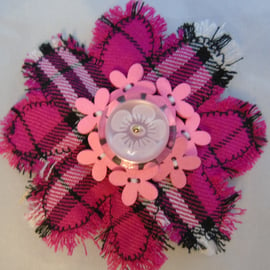 Fabric Brooch - Pink Tartan Flower