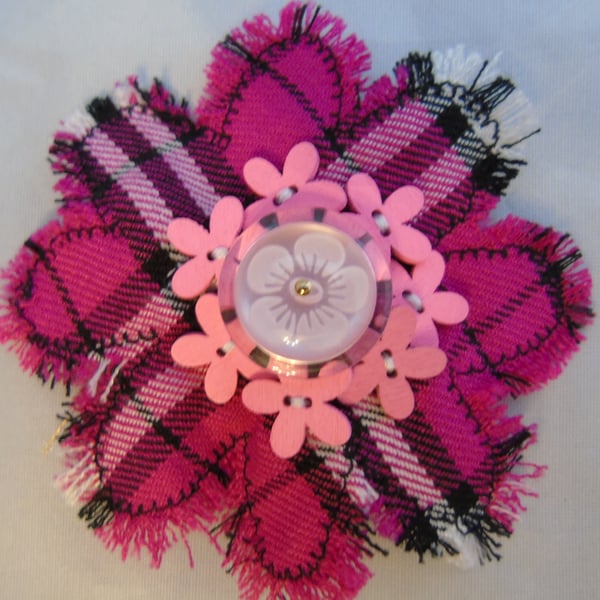 Fabric Brooch - Pink Tartan Flower