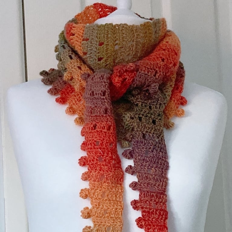 Crocheted Here Comes the Sun Scarf with a Bobble Edging in Autumnal Colours