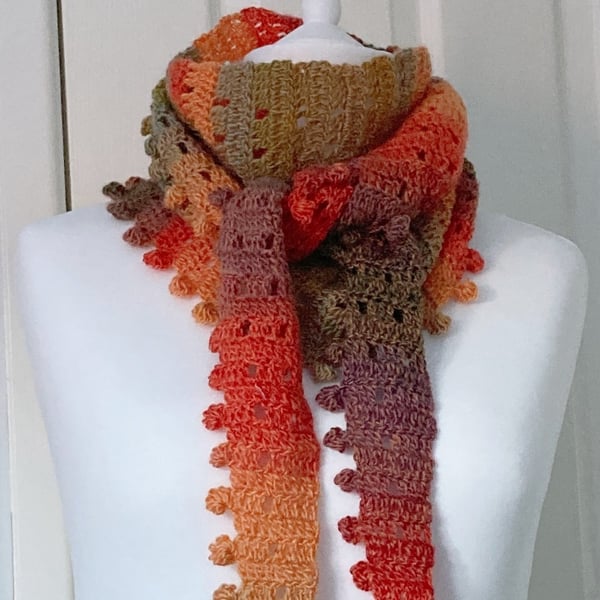 Crocheted Here Comes the Sun Scarf with a Bobble Edging in Autumnal Colours