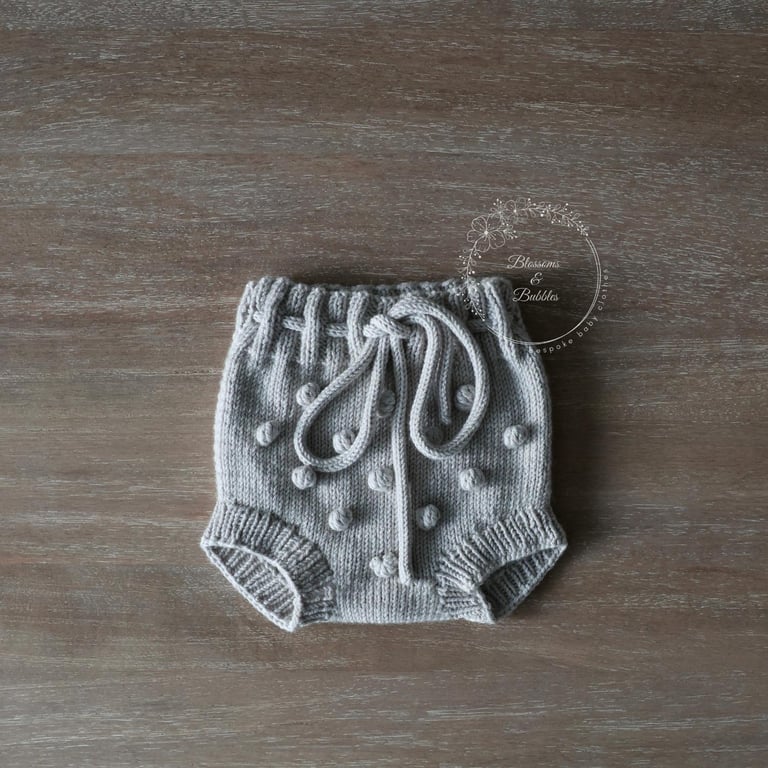 Hand Knitted Baby Shorts. Silver grey for 0-3 months.