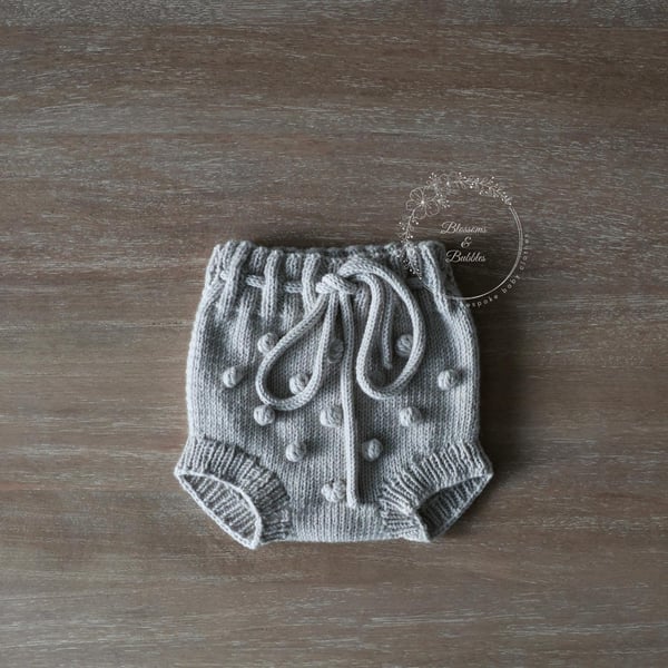Hand Knitted Baby Shorts. Silver grey for 0-3 months.
