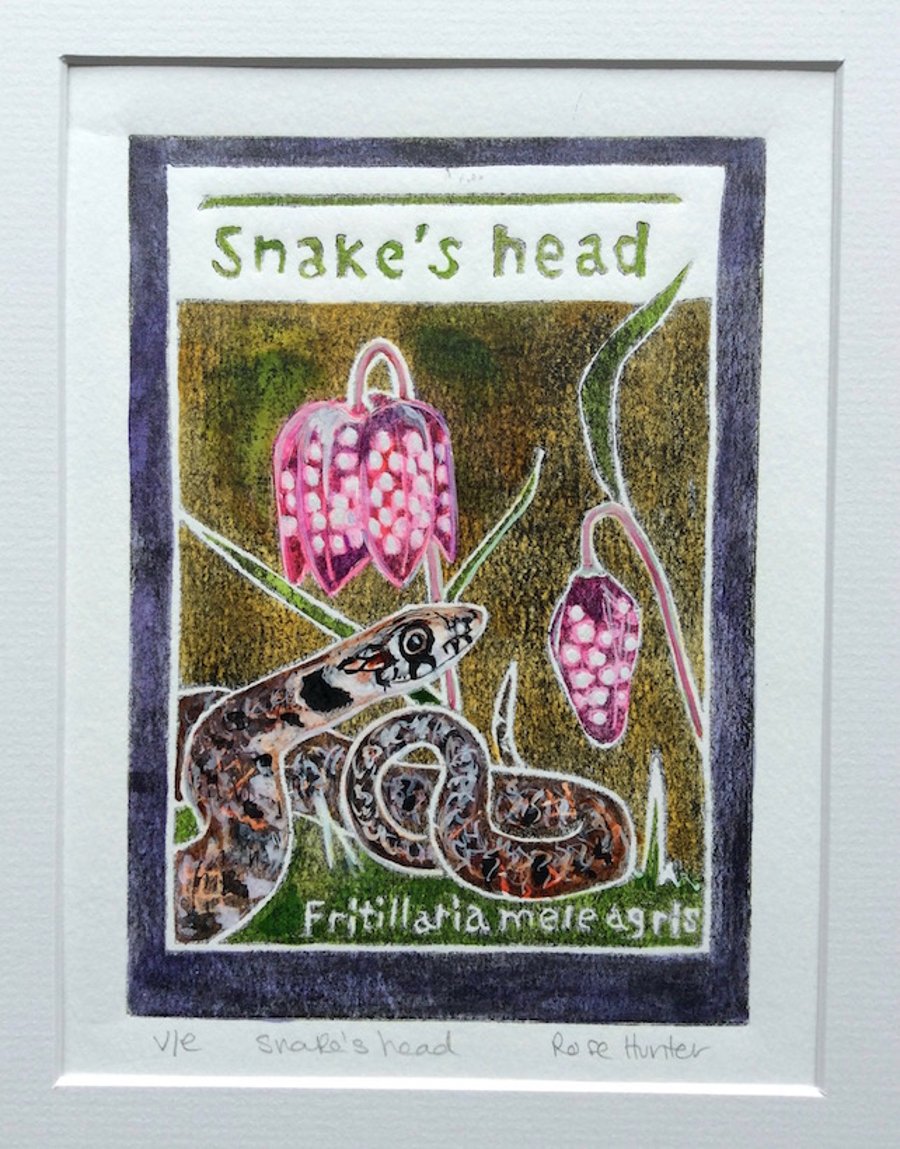 Snake's Head - charity original hand painted lino print 001