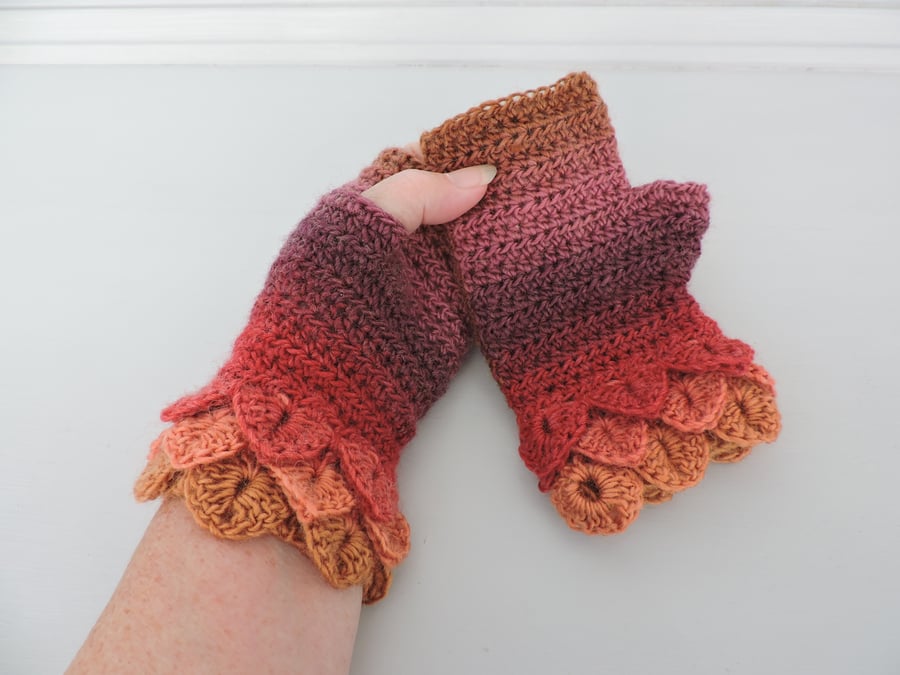Dragon Scale Cuff Fingerless Mitts Autumn Colours
