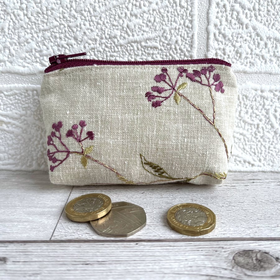 Small Purse, Coin Purse with Embroidered Umbel Flowers