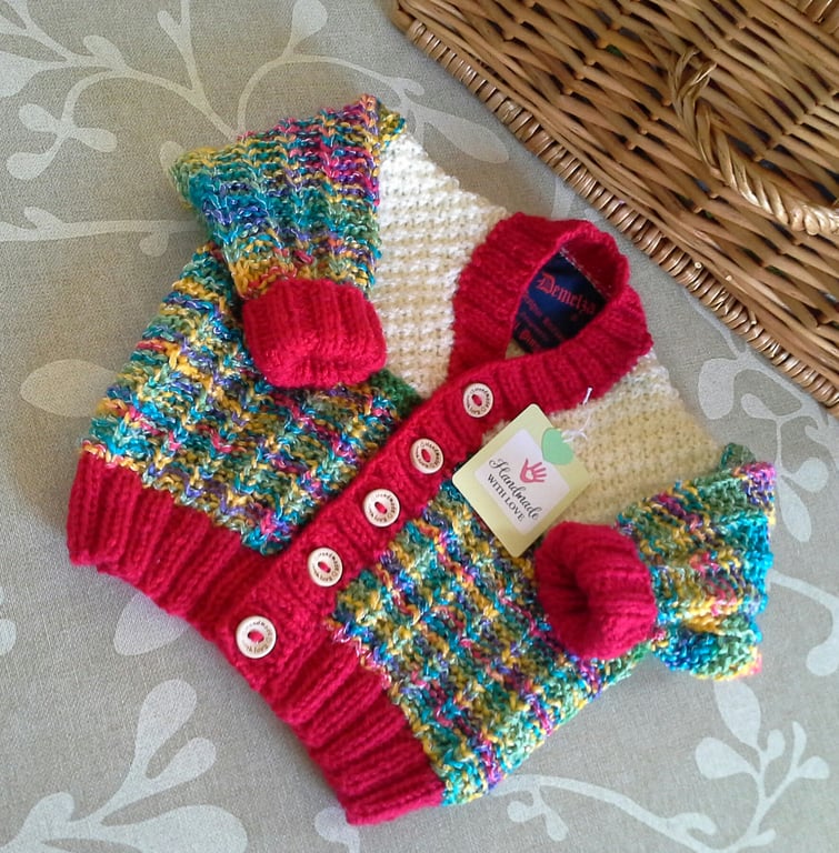 Rainbow Hand Knitted Baby Cardigan  3 - 9 months size 