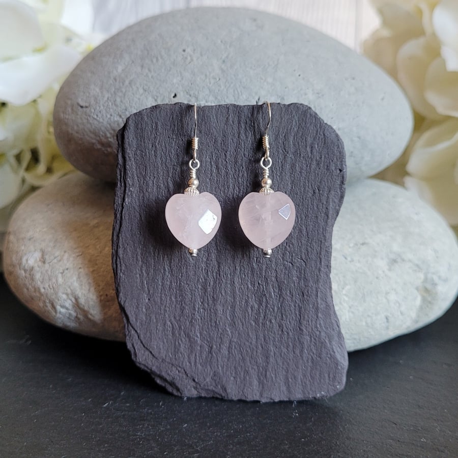 Rose Quartz Heart and Sterling Silver Earrings 