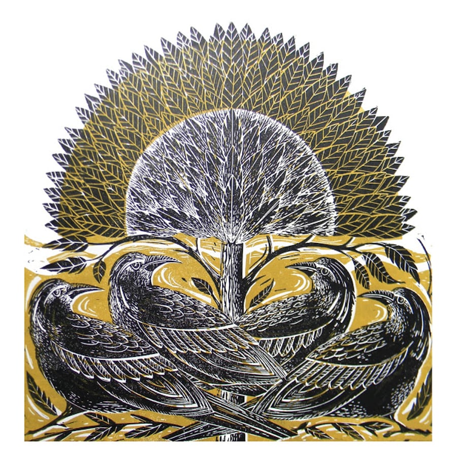 Four Crows Original Linocut Print Mustard Yellow