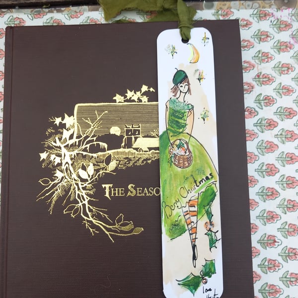  'Berry Christmas ' Hand drawn and painted bookmark with silk ribbon '