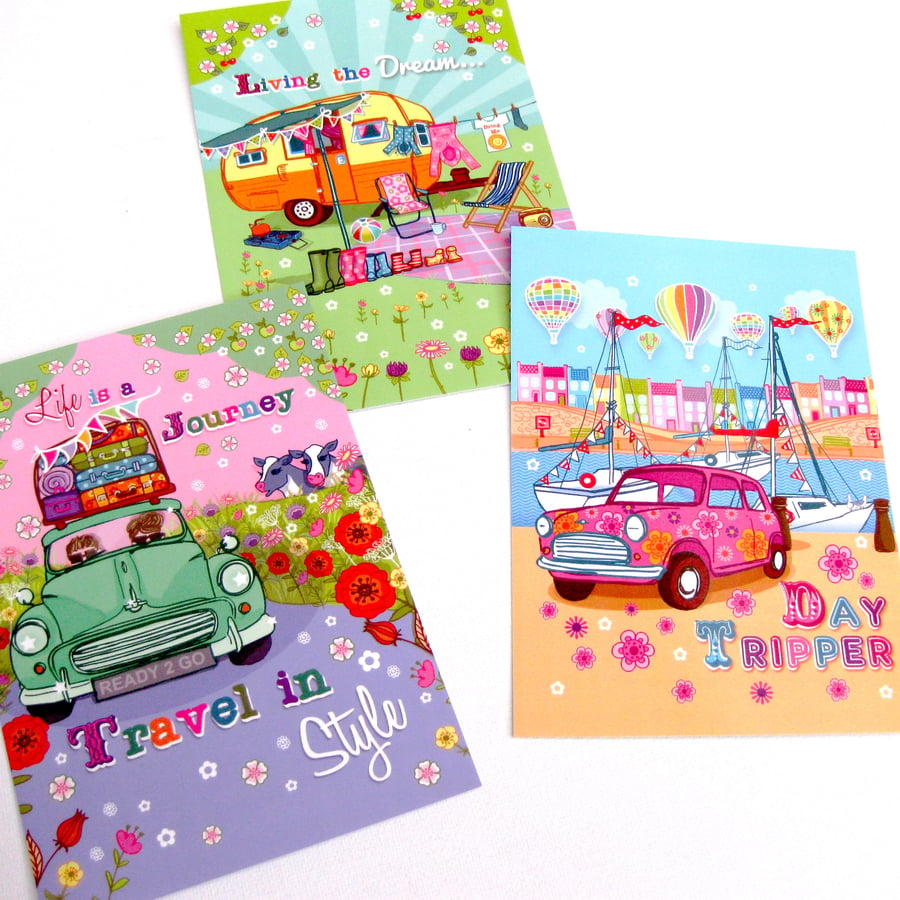 Pack of 3 A6 Postcard Prints 'Living the Dream' 'Travel in Style' ' Day Tripper'