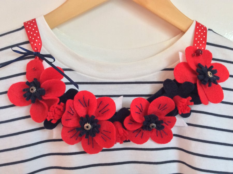 Red Felt Flower Bib Necklace. Unique.