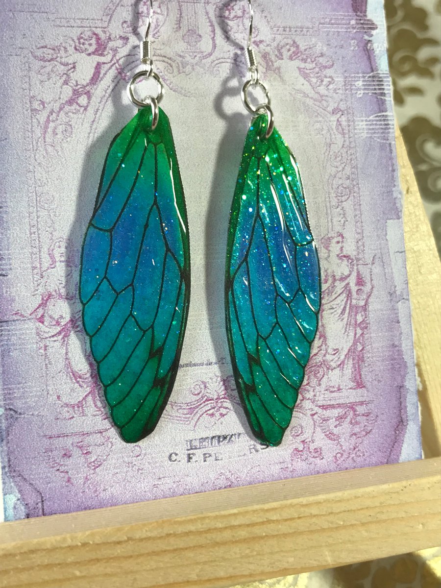 Magical Blue and Green Fairy Wing Sterling Silver Earrings