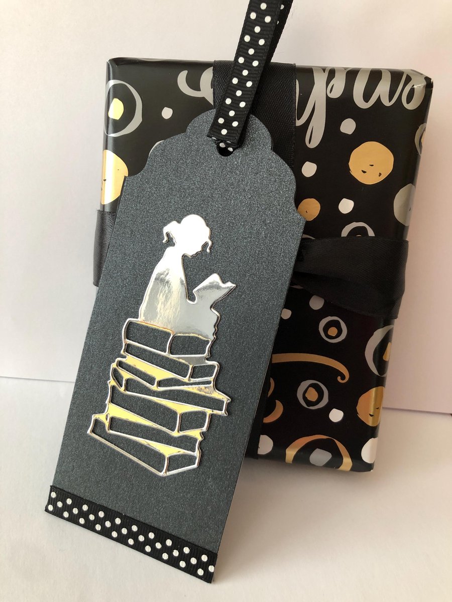 Handmade Girl Reading Bookmark: Silver Mirror & Polka Dot Ribbon