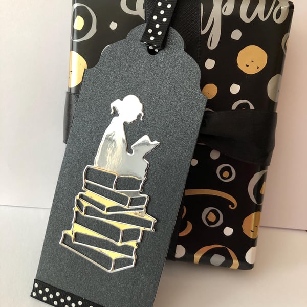 Handmade Girl Reading Bookmark: Silver Mirror & Polka Dot Ribbon