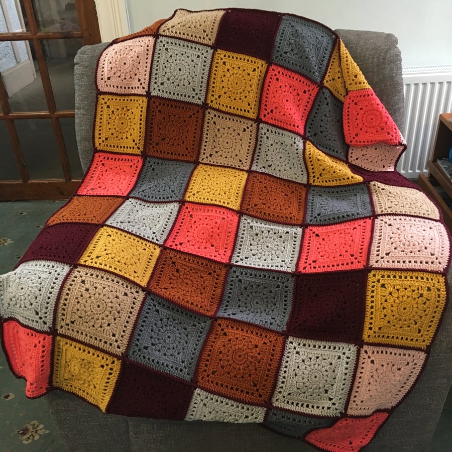 Granny Square Crocheted Lap Blanket in Rustic Colours for a Man or Woman.