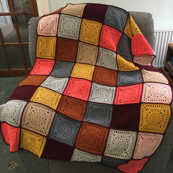Granny Square Crocheted Lap Blanket in Rustic Colours for a Man or Woman.