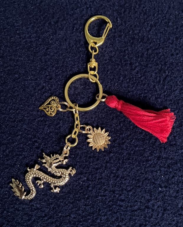 Oriental Dragon Keyring and bag charm Gold Tone metal