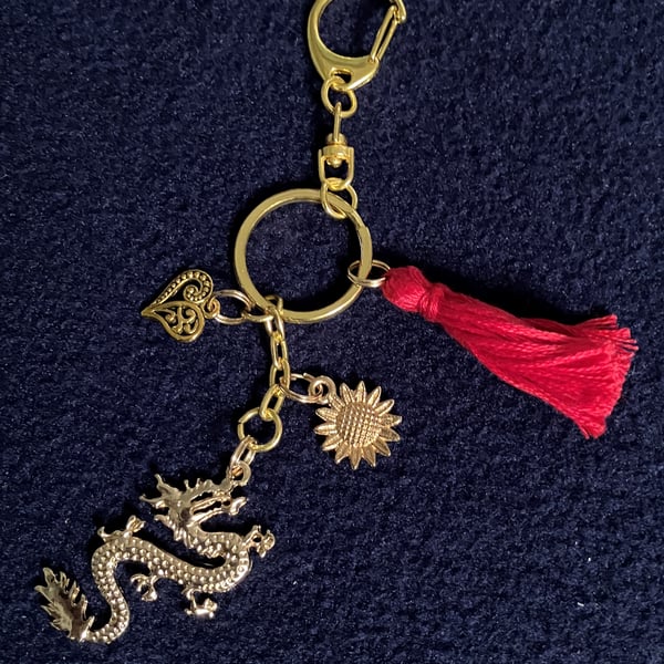 Oriental Dragon Keyring and bag charm Gold Tone metal