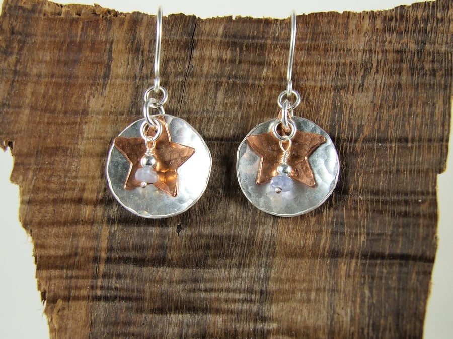 Earrings, Celestial Birthstone Sterling Silver, Moon & Copper Star Earrings