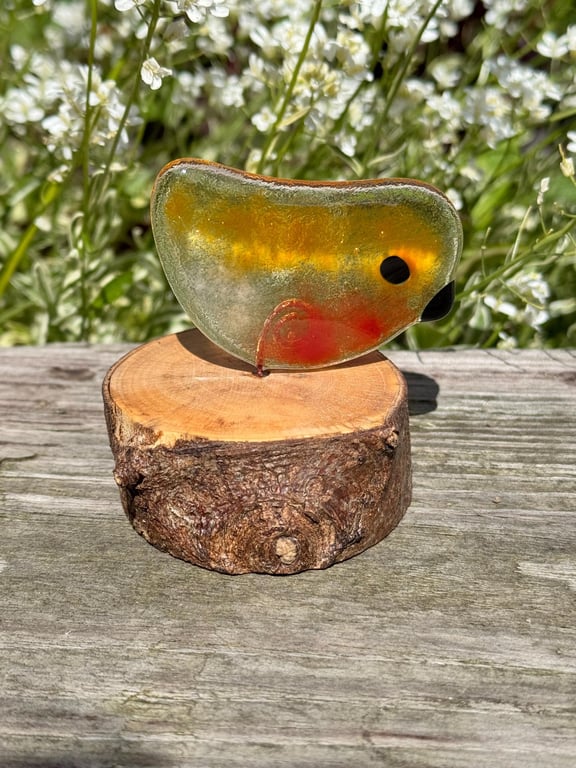 Fused Glass Robin on Wooden Log Handmade Glass Bird Sculpture Unique Nature-Insp
