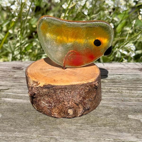 Fused Glass Robin on Wooden Log Handmade Glass Bird Sculpture Unique Nature-Insp