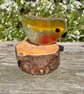 Fused Glass Robin on Wooden Log Handmade Glass Bird Sculpture Unique Nature-Insp