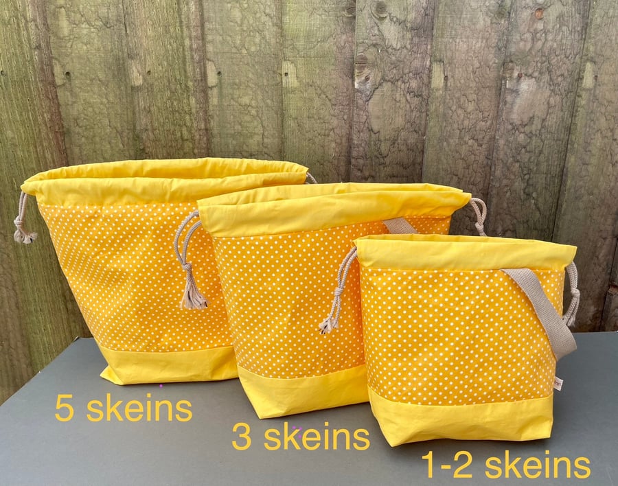 Drawstring project bag for knitting, crochet or embroidery - Dotty Yellow